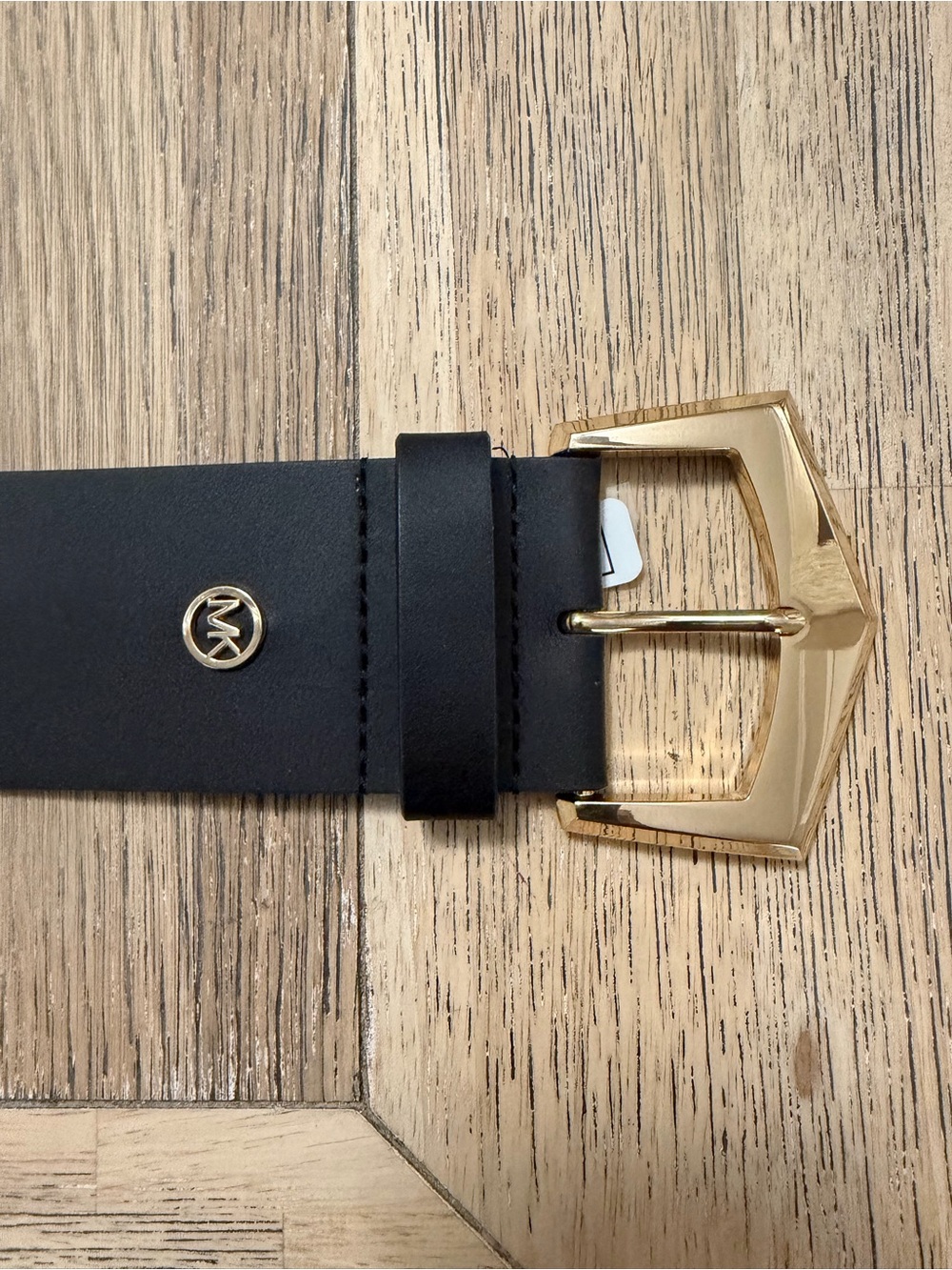 Michael Kors Black Leather Belt with Gold Geometric Buckle